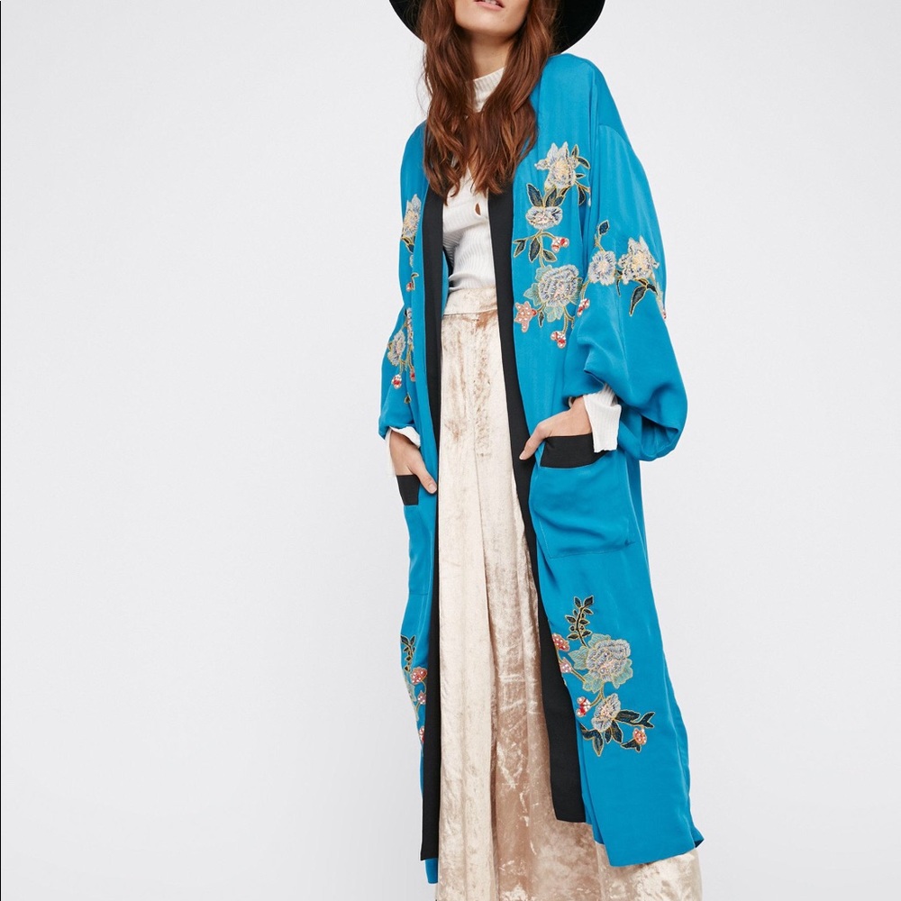 ISO Free People Floral Embroidered Kimono in Blue